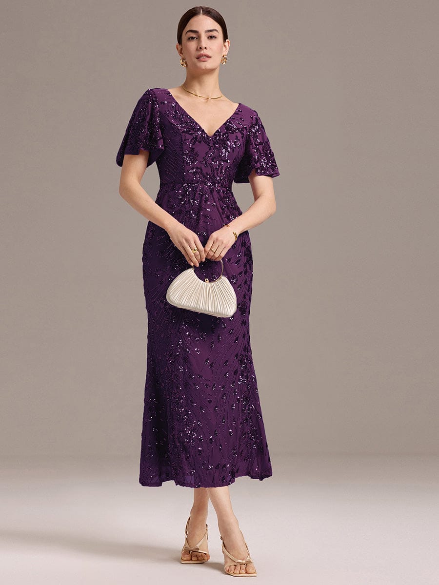 Embroidery Sequin Mother of the Bride Dress #color_Dark Purple