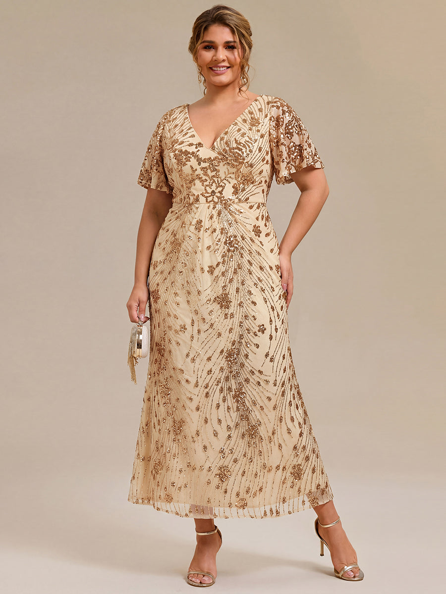 Floral Sequin Ruffled Sleeve Mermaid Formal Dresses #color_Gold