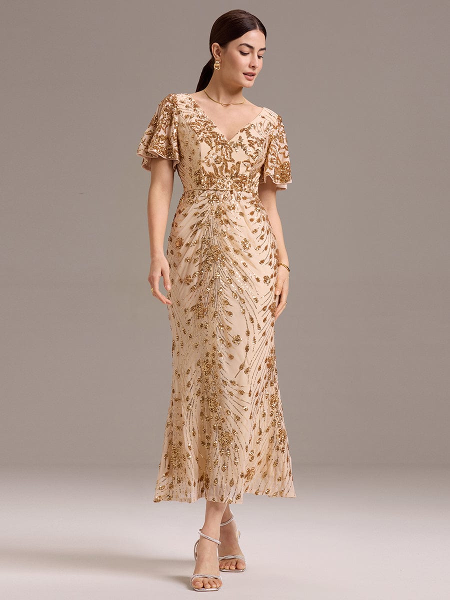 Floral Sequin Ruffled Sleeve Mermaid Formal Dresses #color_Gold