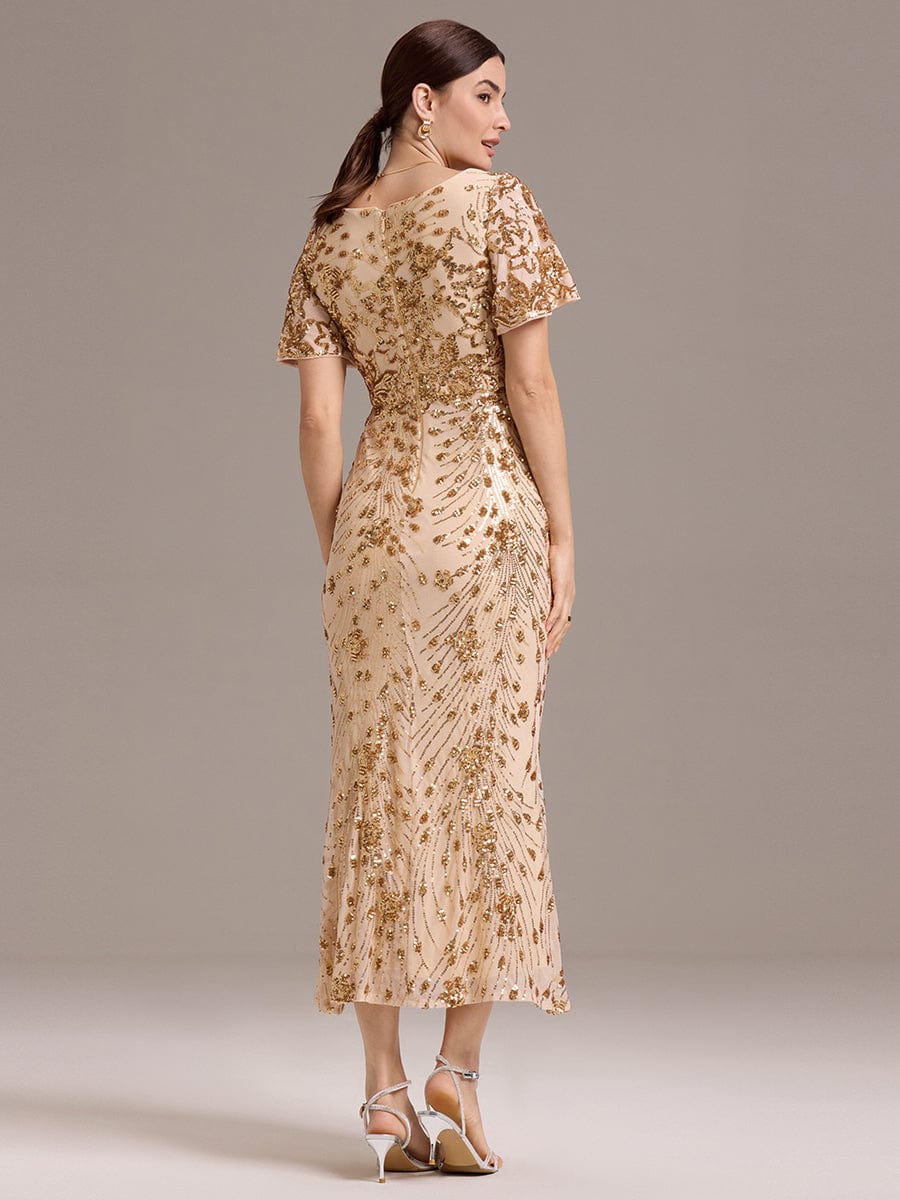 Embroidery Sequin Formal Wedding Guest Dress #color_Gold