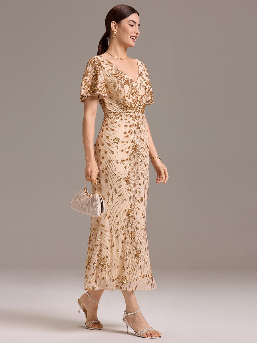 Embroidery Sequin Formal Wedding Guest Dress #color_Gold