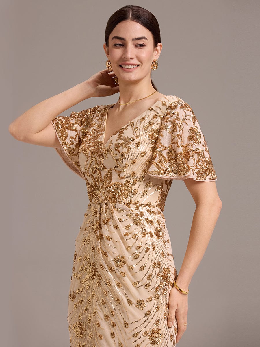 Floral Sequin Ruffled Sleeve Mermaid Formal Dresses #color_Gold