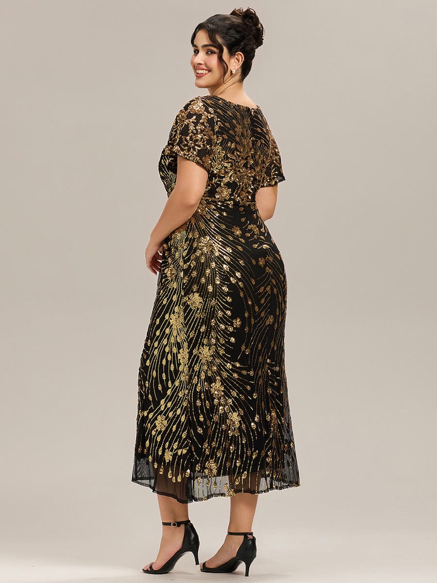 Floral Sequin Ruffled Sleeve Mermaid Formal Dresses #color_Black & Gold