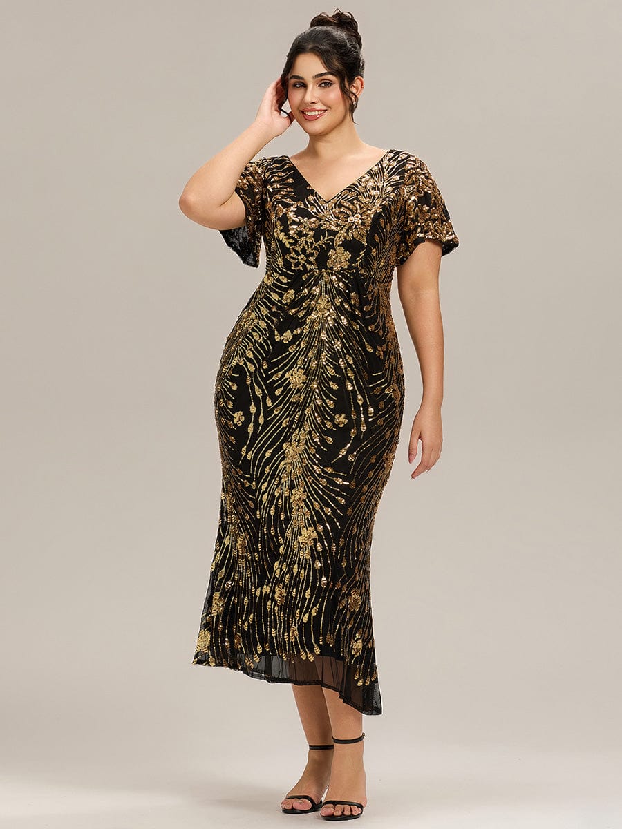 Embroidery Sequin Mother of the Bride Dress #color_Black & Gold