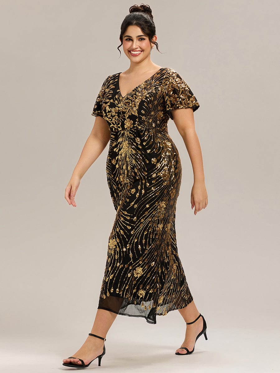 Embroidery Sequin Mother of the Bride Dress #color_Black & Gold