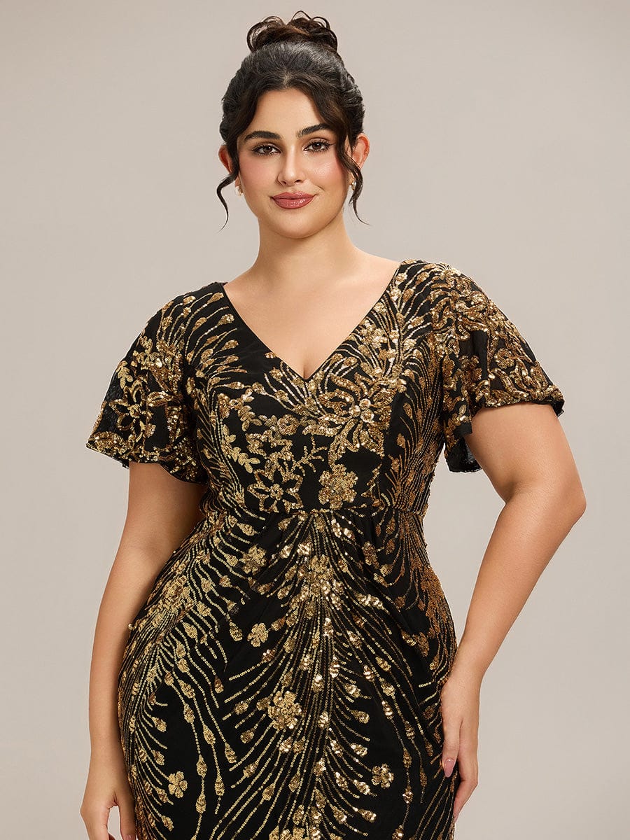 Floral Sequin Ruffled Sleeve Mermaid Formal Dresses #color_Black & Gold