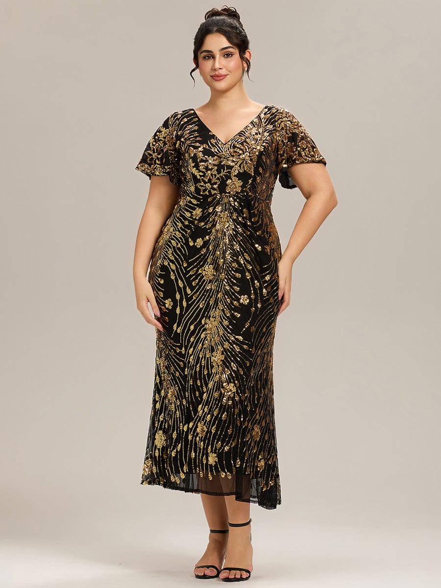 Embroidery Sequin Mother of the Bride Dress #color_Black & Gold