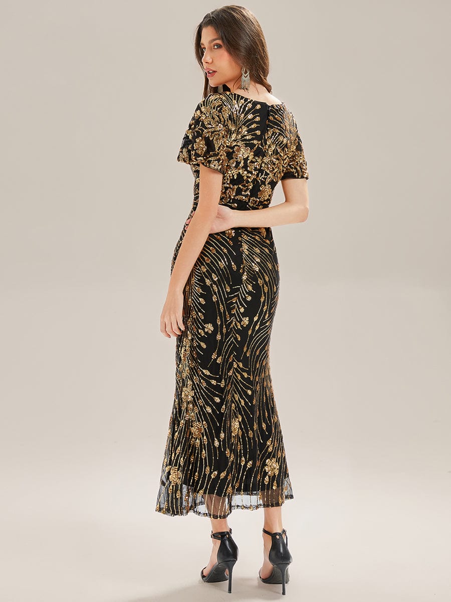 Floral Sequin Ruffled Sleeve Mermaid Formal Dresses #color_Black & Gold