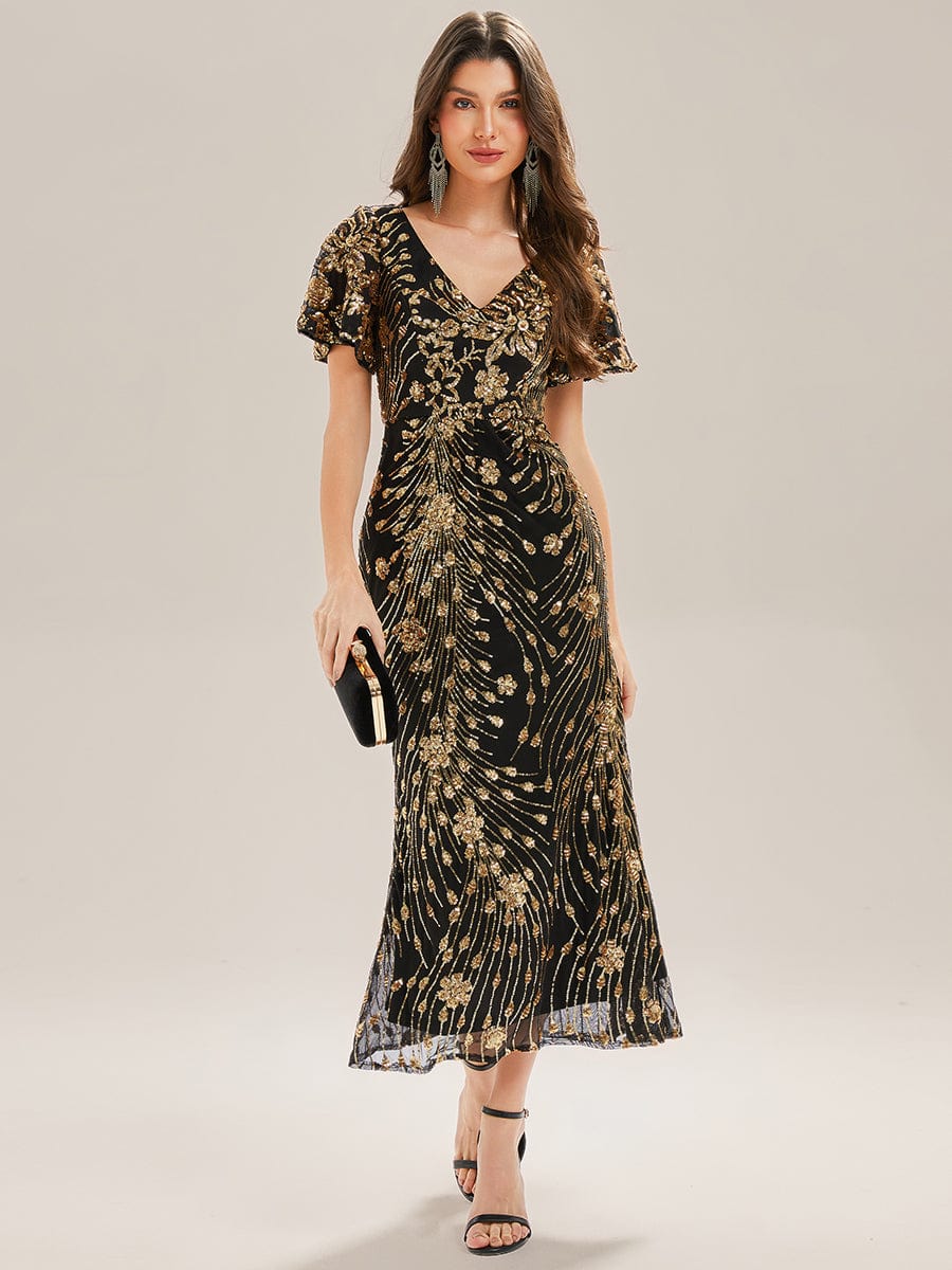 Floral Sequin Ruffled Sleeve Mermaid Formal Dresses #color_Black & Gold