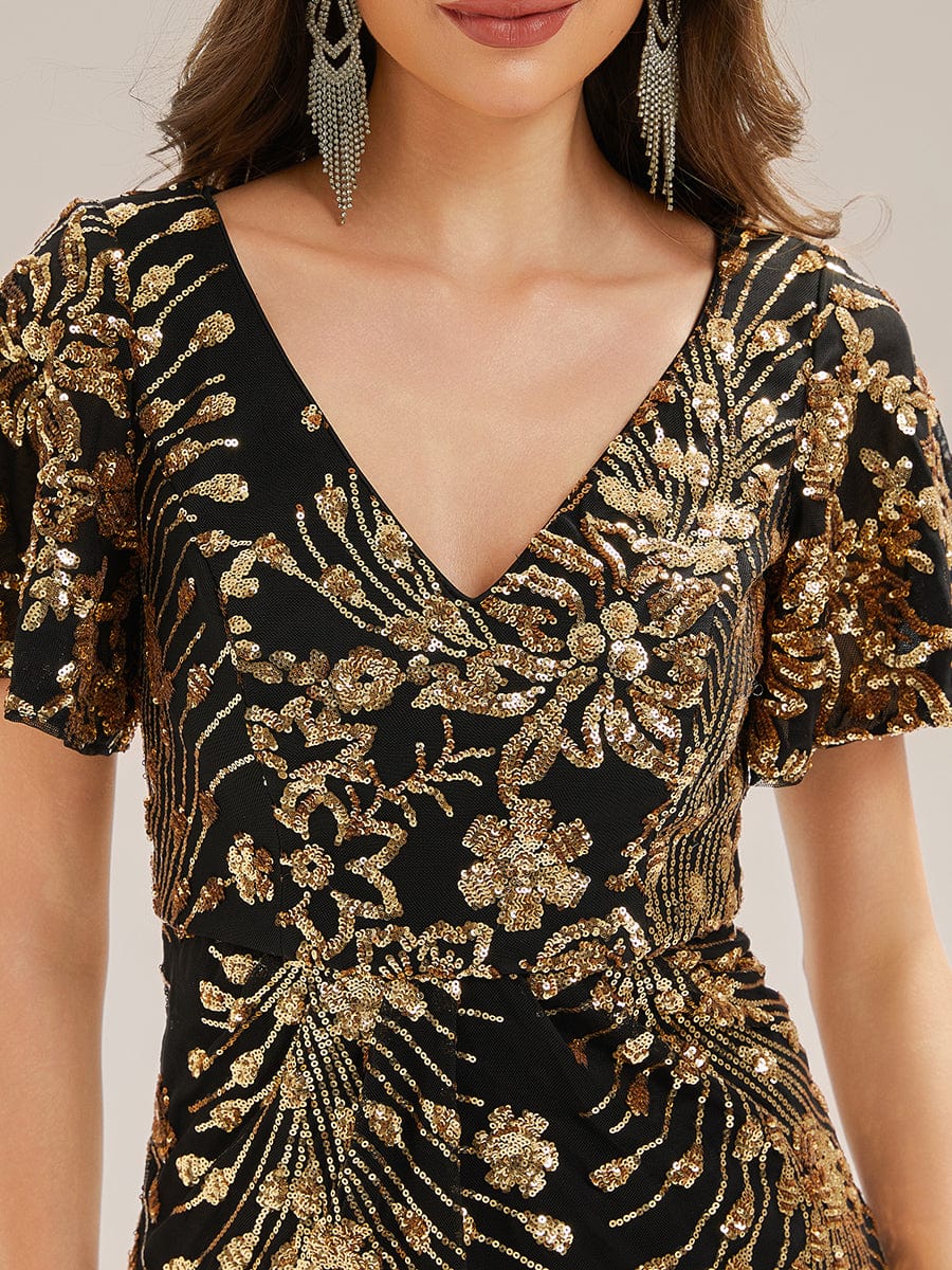 Floral Sequin Ruffled Sleeve Mermaid Formal Dresses #color_Black & Gold