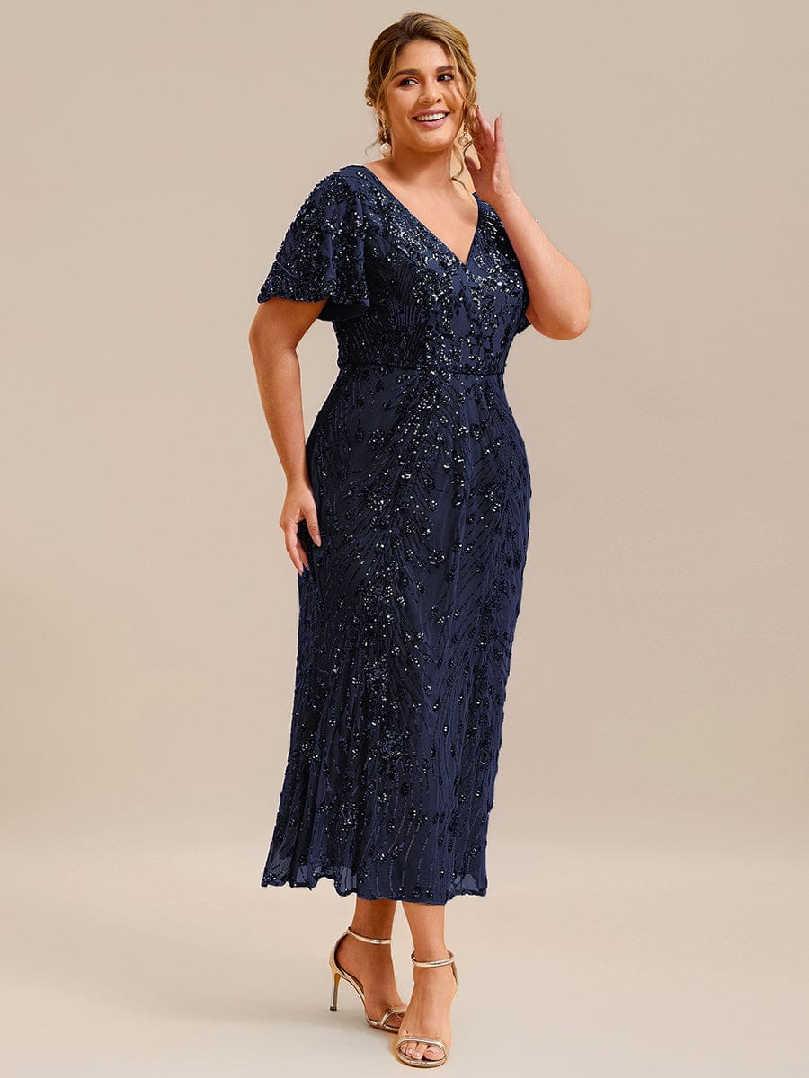 Plus Size Sequin Mermaid Formal Dress #color_Navy Blue