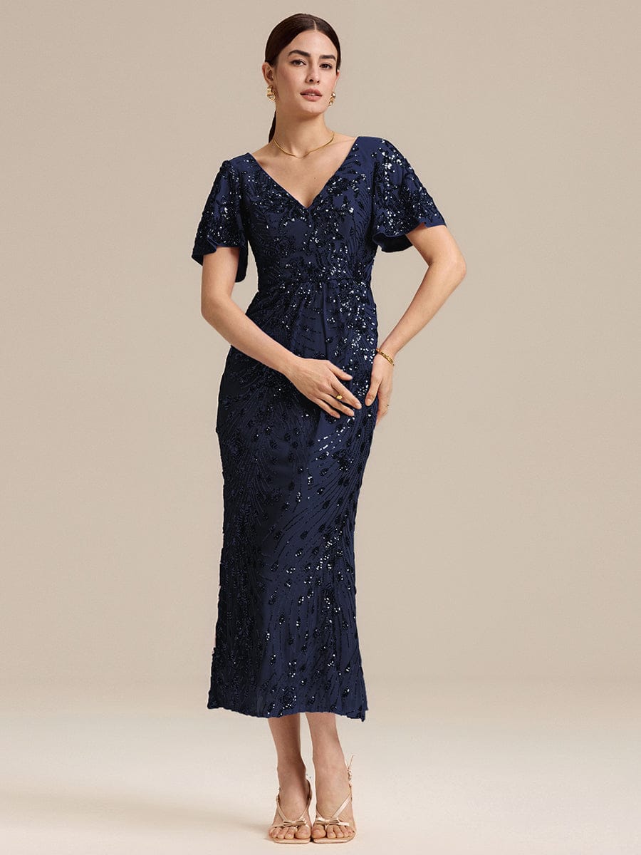 Floral Sequin Ruffled Sleeve Mermaid Formal Dresses #color_Navy Blue