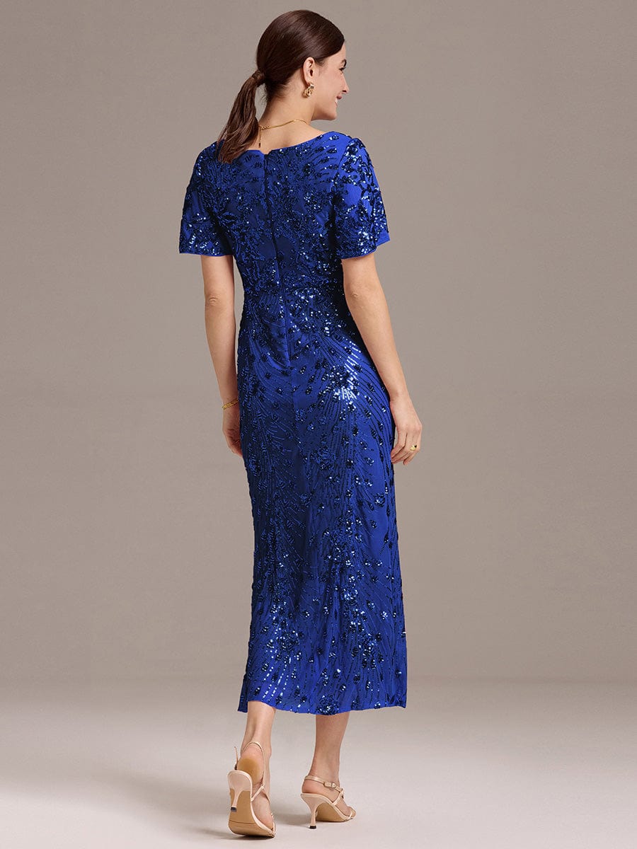 Floral Sequin Ruffled Sleeve Mermaid Formal Dresses #color_Sapphire Blue