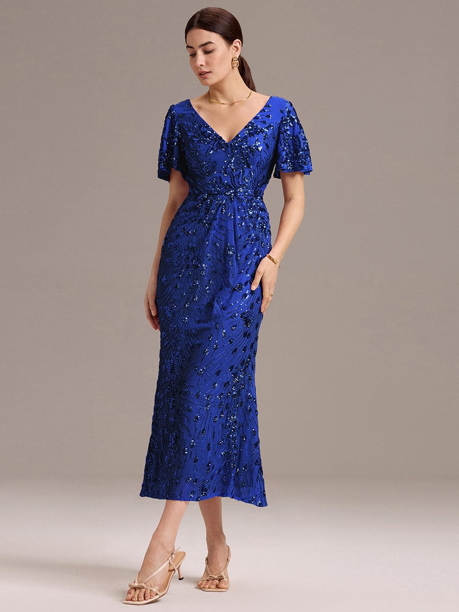 Embroidery Sequin Mother of the Bride Dress #color_Sapphire Blue