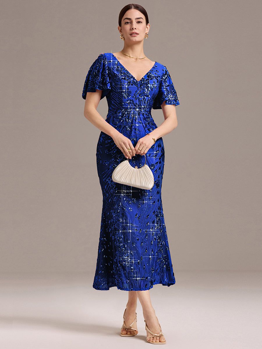 Floral Sequin Ruffled Sleeve Mermaid Formal Dresses #color_Sapphire Blue