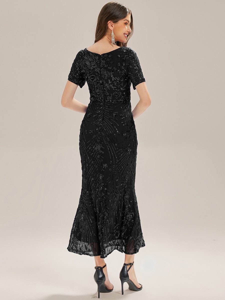 Sequin Mermaid Round Neck Dress #color_Black