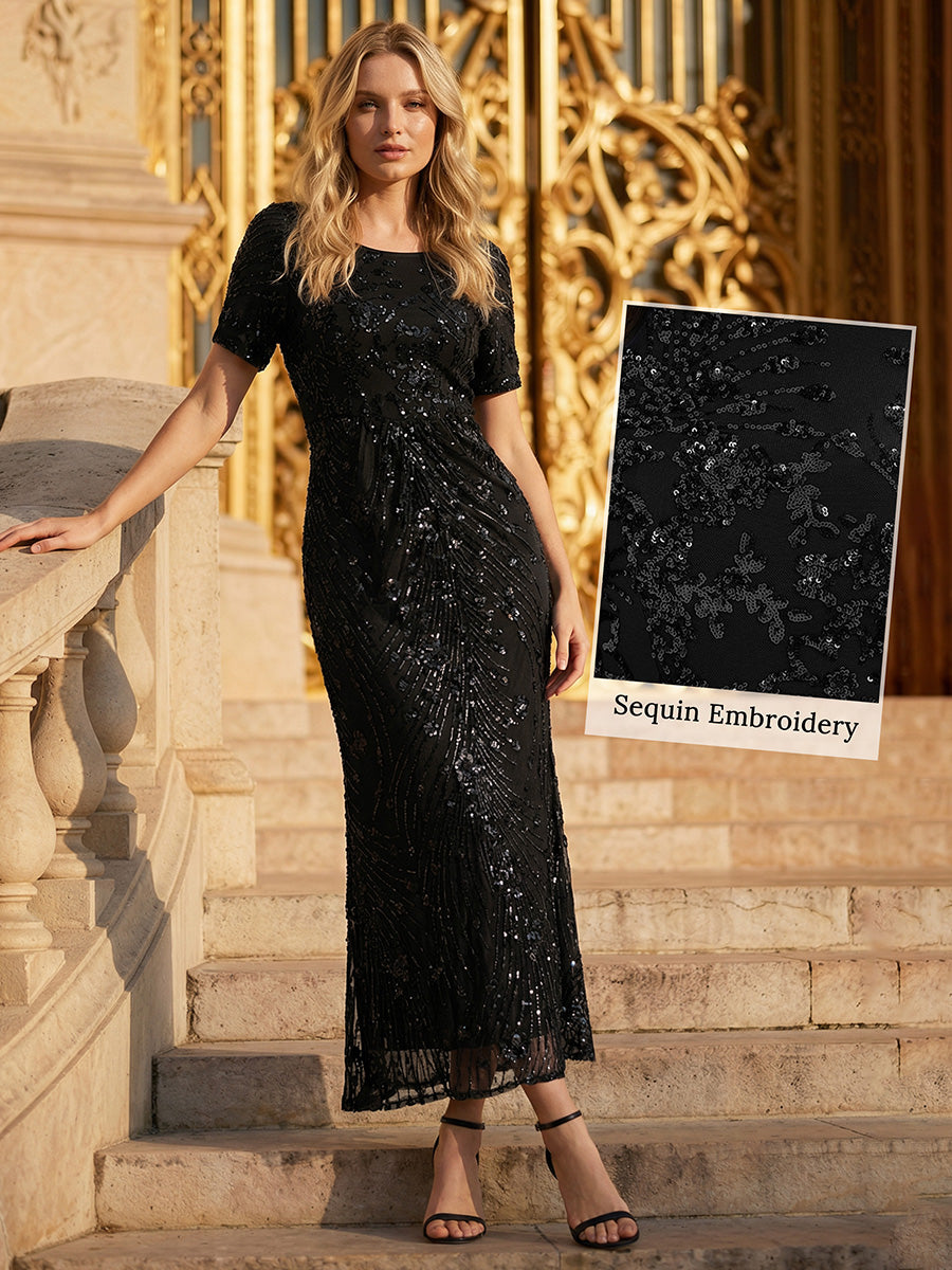 Sequin Mermaid Round Neck Dress #color_Black