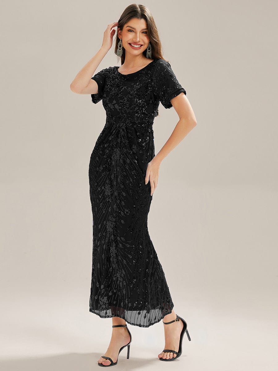Sequin Mermaid Round Neck Dress #color_Black