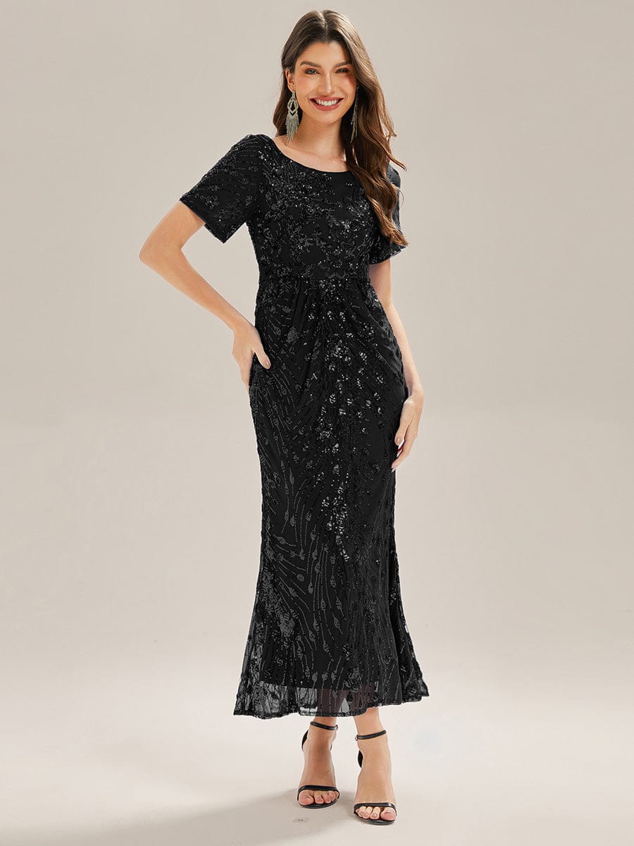 Sequin Mermaid Round Neck Dress #color_Black
