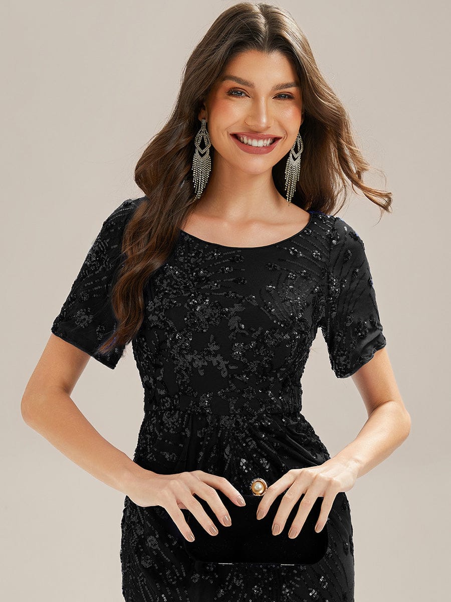 Sequin Mermaid Round Neck Dress #color_Black