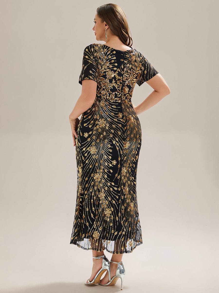 Sequin Mermaid Round Neck Dress #color_Black & Gold