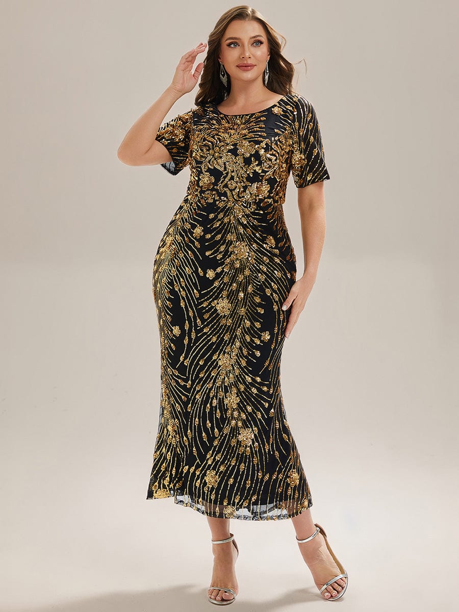 Sequin Mermaid Round Neck Dress #color_Black & Gold