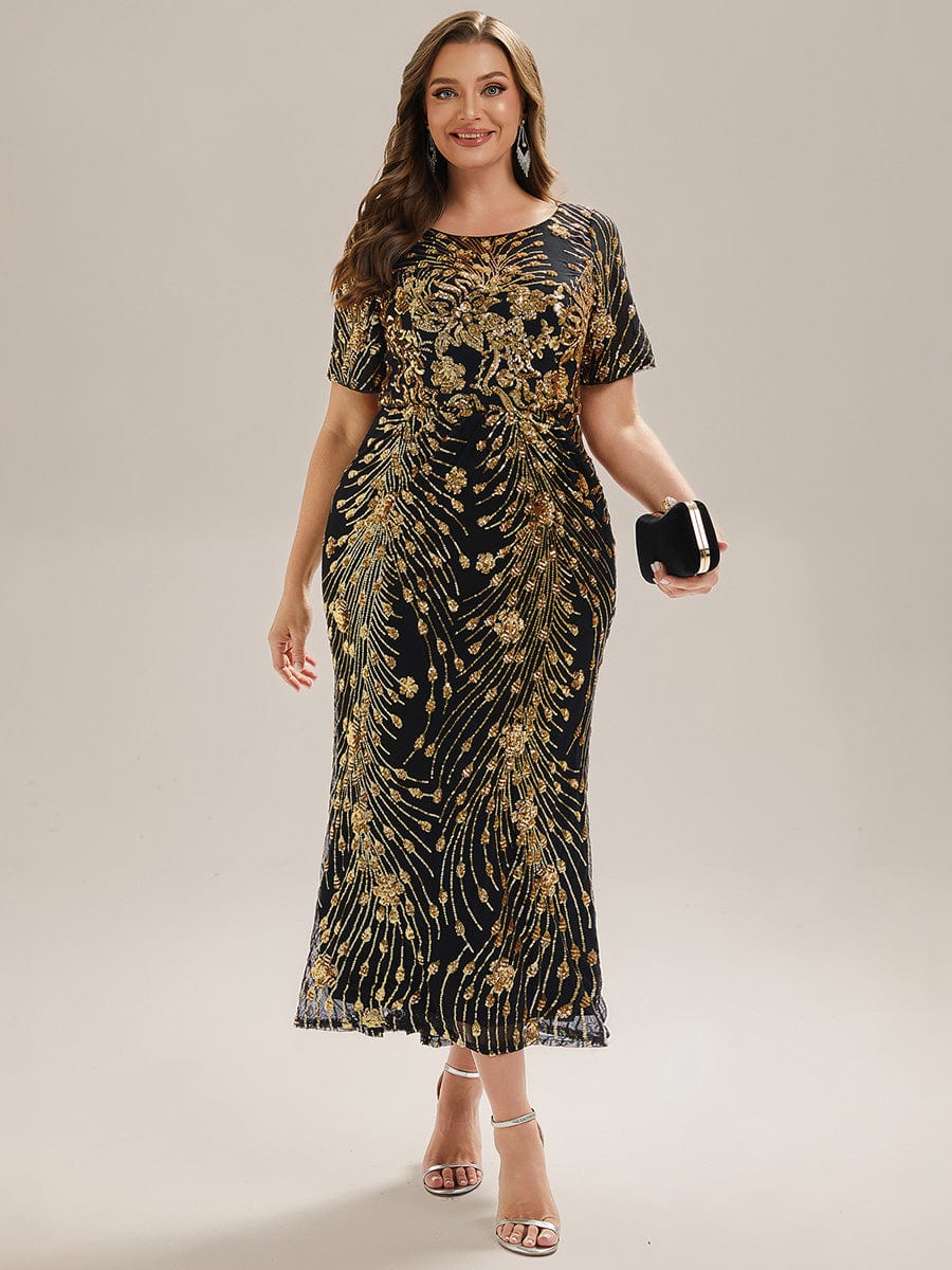 Sequin Mermaid Round Neck Dress #color_Black & Gold