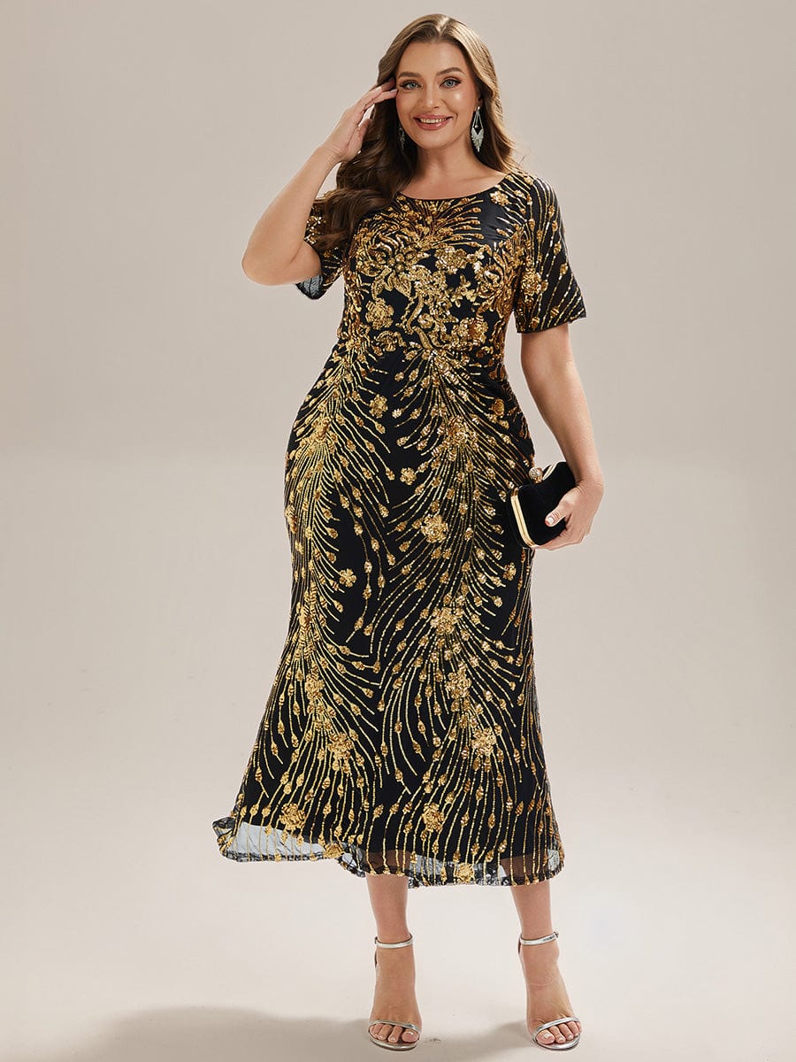 Sequin Mermaid Round Neck Dress #color_Black & Gold