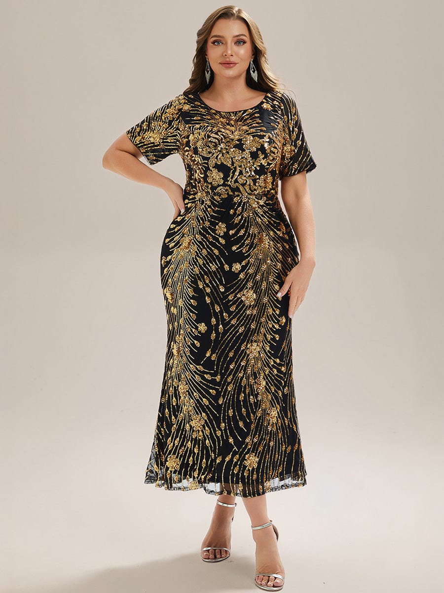 Sequin Mermaid Round Neck Dress #color_Black & Gold