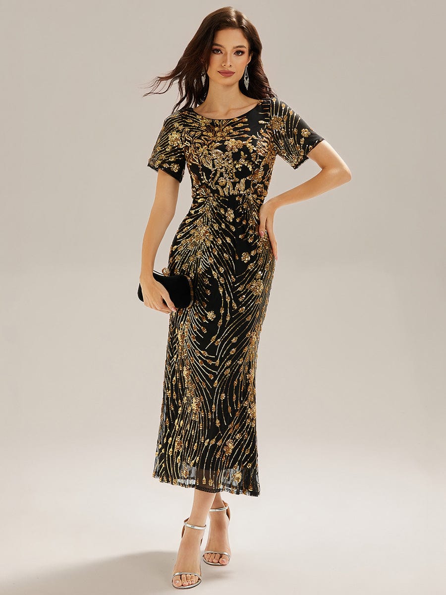 Sequin Mermaid Round Neck Dress #color_Black & Gold
