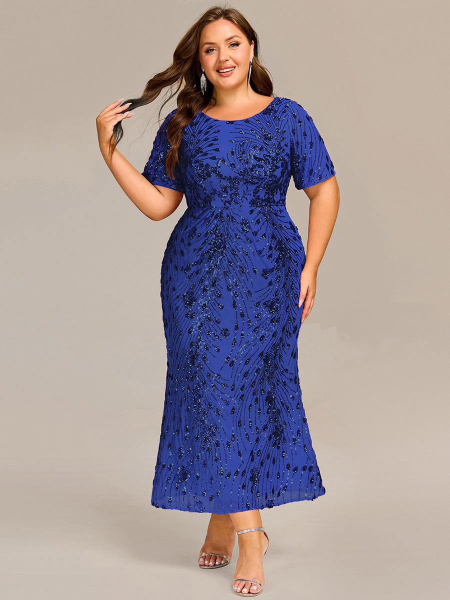 Sequin Mermaid Round Neck Dress #color_Sapphire Blue