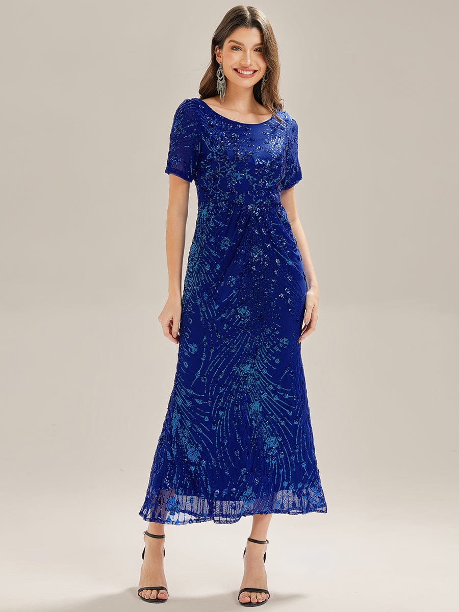 Sequin Mermaid Round Neck Dress #color_Sapphire Blue