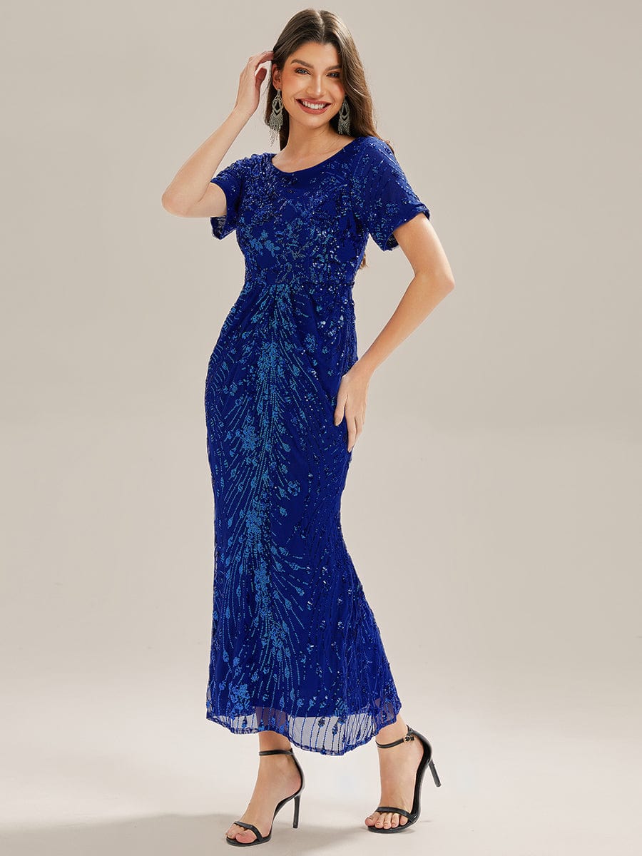 Sequin Mermaid Round Neck Dress #color_Sapphire Blue