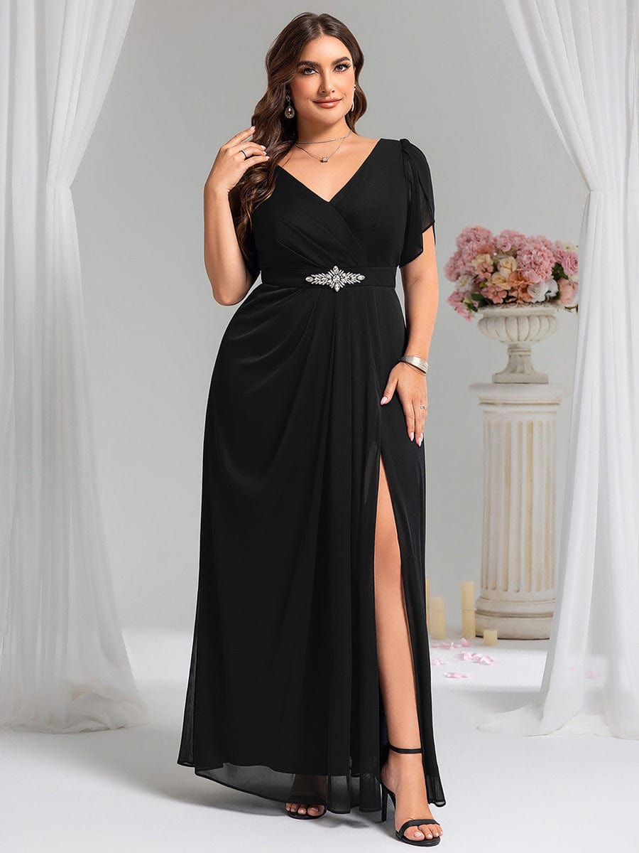 Plus Size Waist Decoration Chiffon A-Line Evening Dress #color_Black