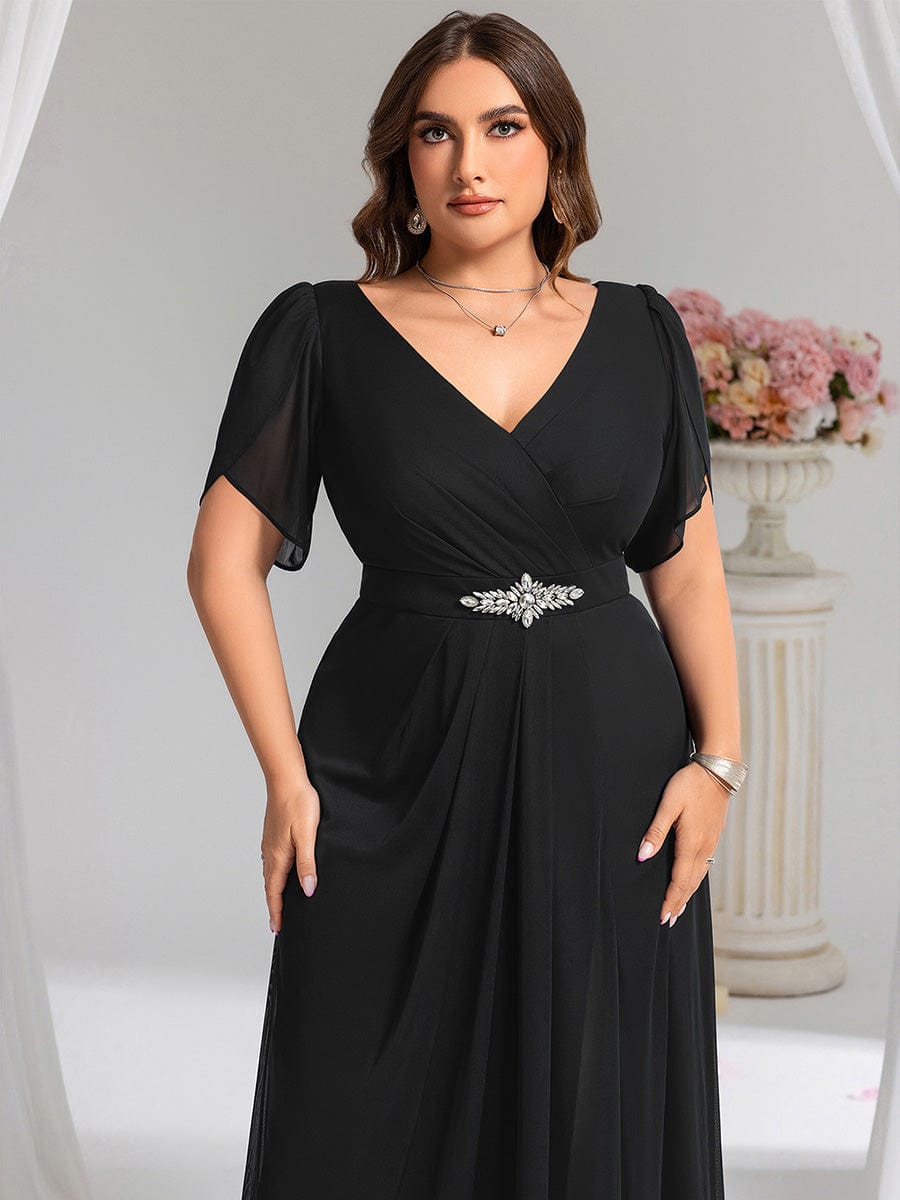 Plus Size Waist Decoration Chiffon A-Line Evening Dress #color_Black