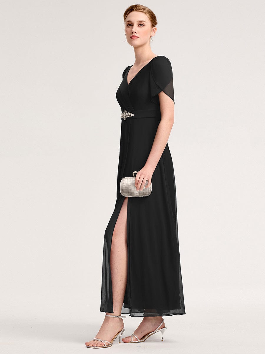Chiffon A-Line Ruffle Sleeve Evening Dress #color_Black