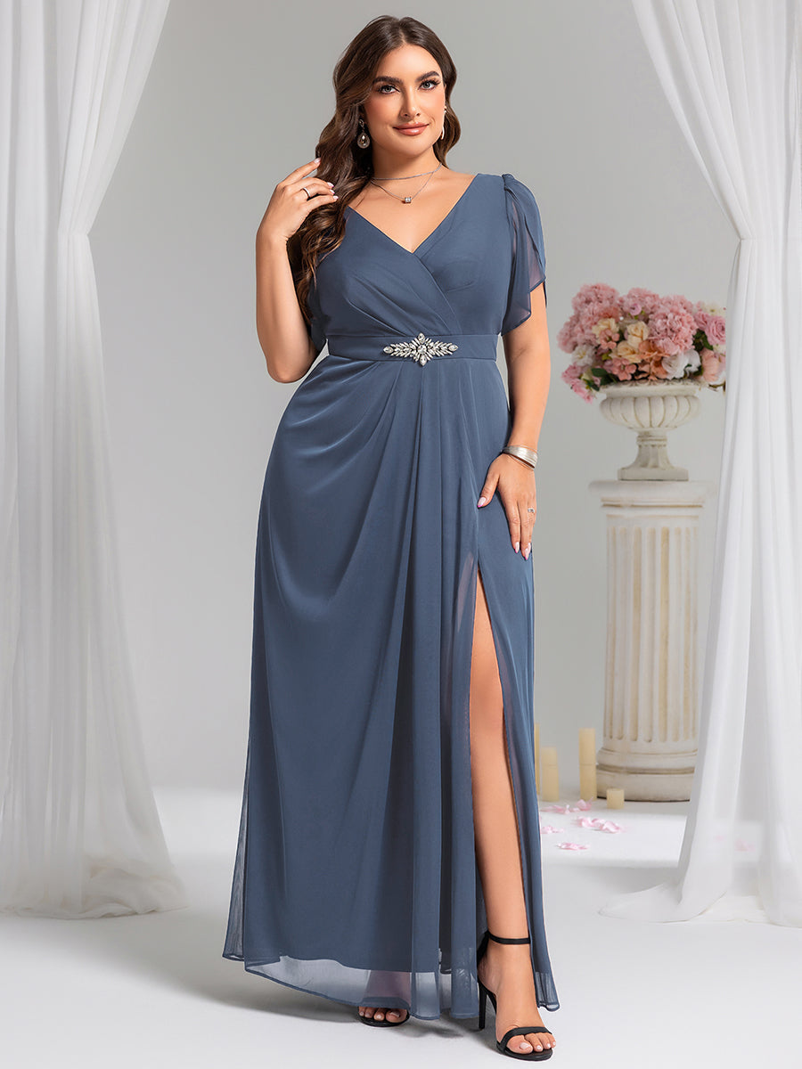 Plus Size Waist Decoration Chiffon A-Line Evening Dress #color_Dusty Blue