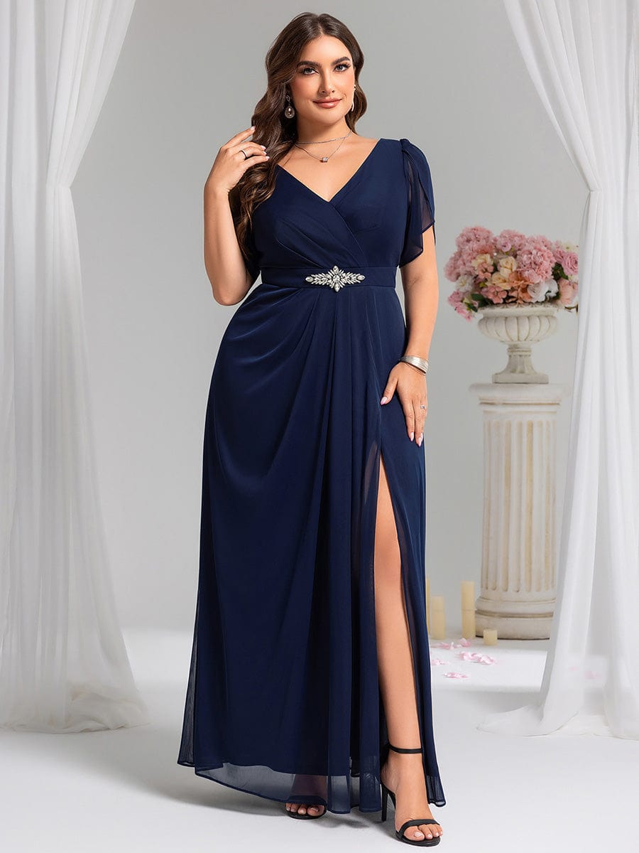 Plus Size Waist Decoration Chiffon A-Line Evening Dress #color_Navy Blue