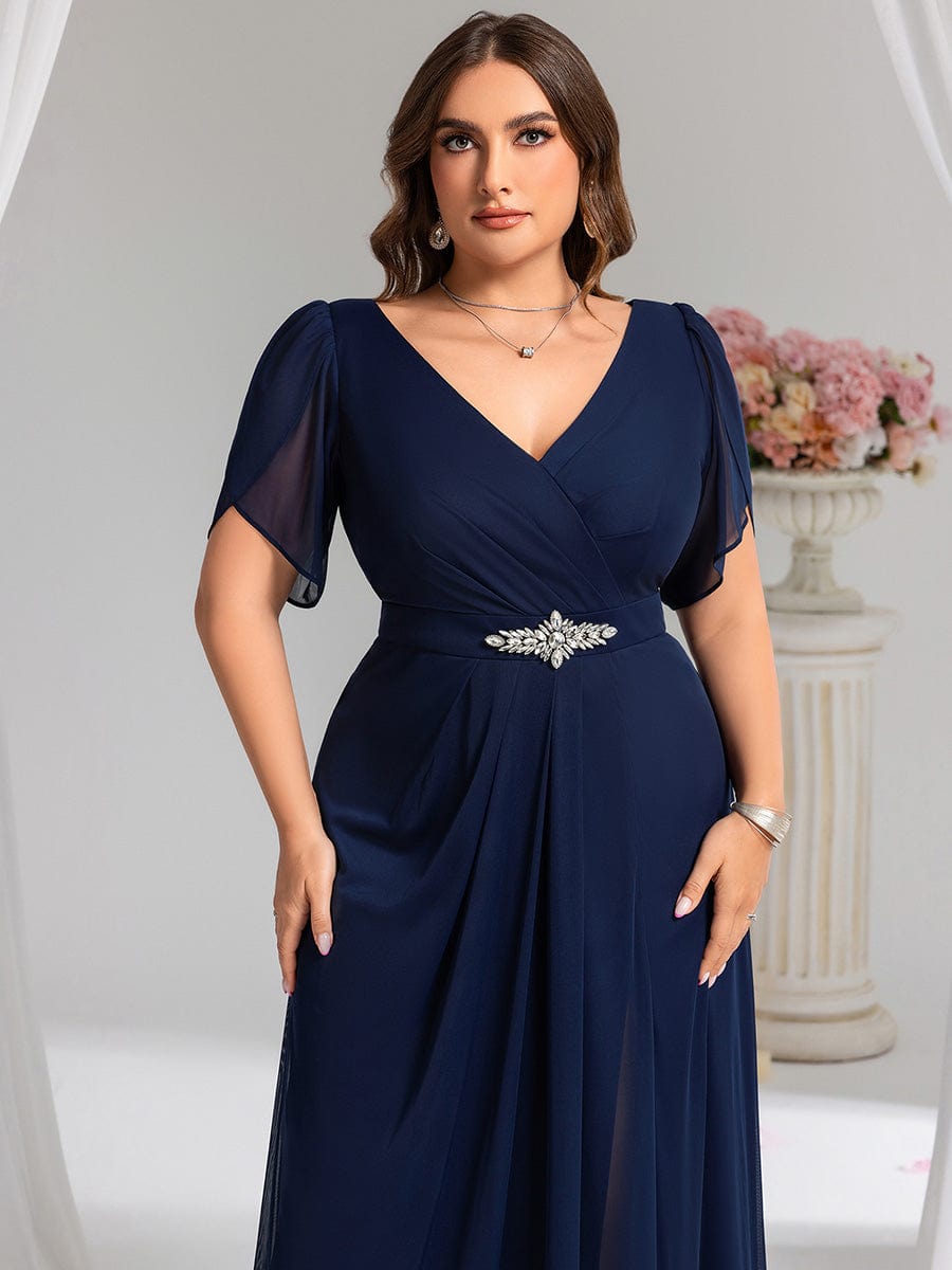 Plus Size Waist Decoration Chiffon A-Line Evening Dress #color_Navy Blue