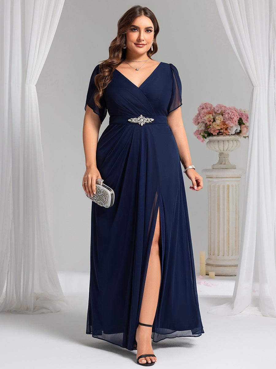 Plus Size Waist Decoration Chiffon A-Line Evening Dress #color_Navy Blue