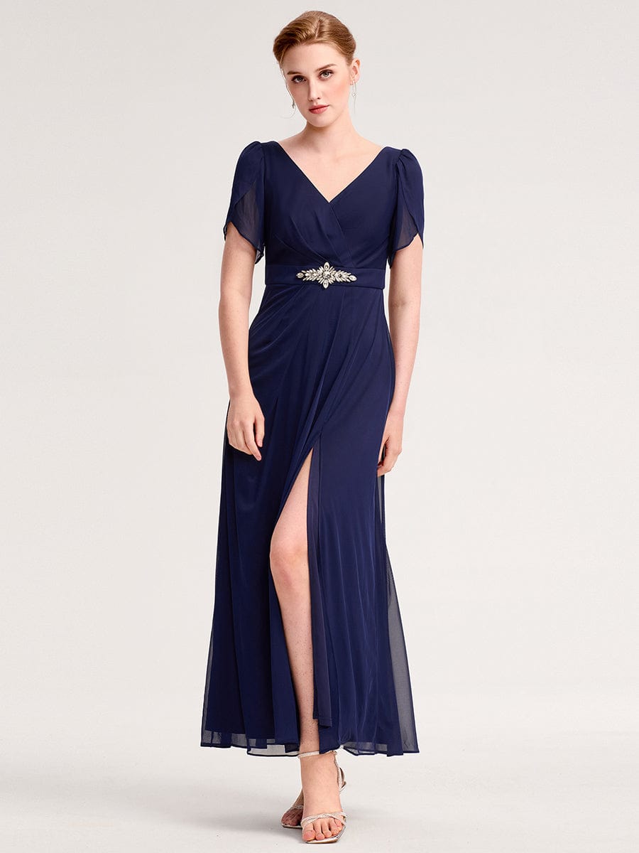 Chiffon A-Line Ruffle Sleeve Evening Dress #color_Navy Blue