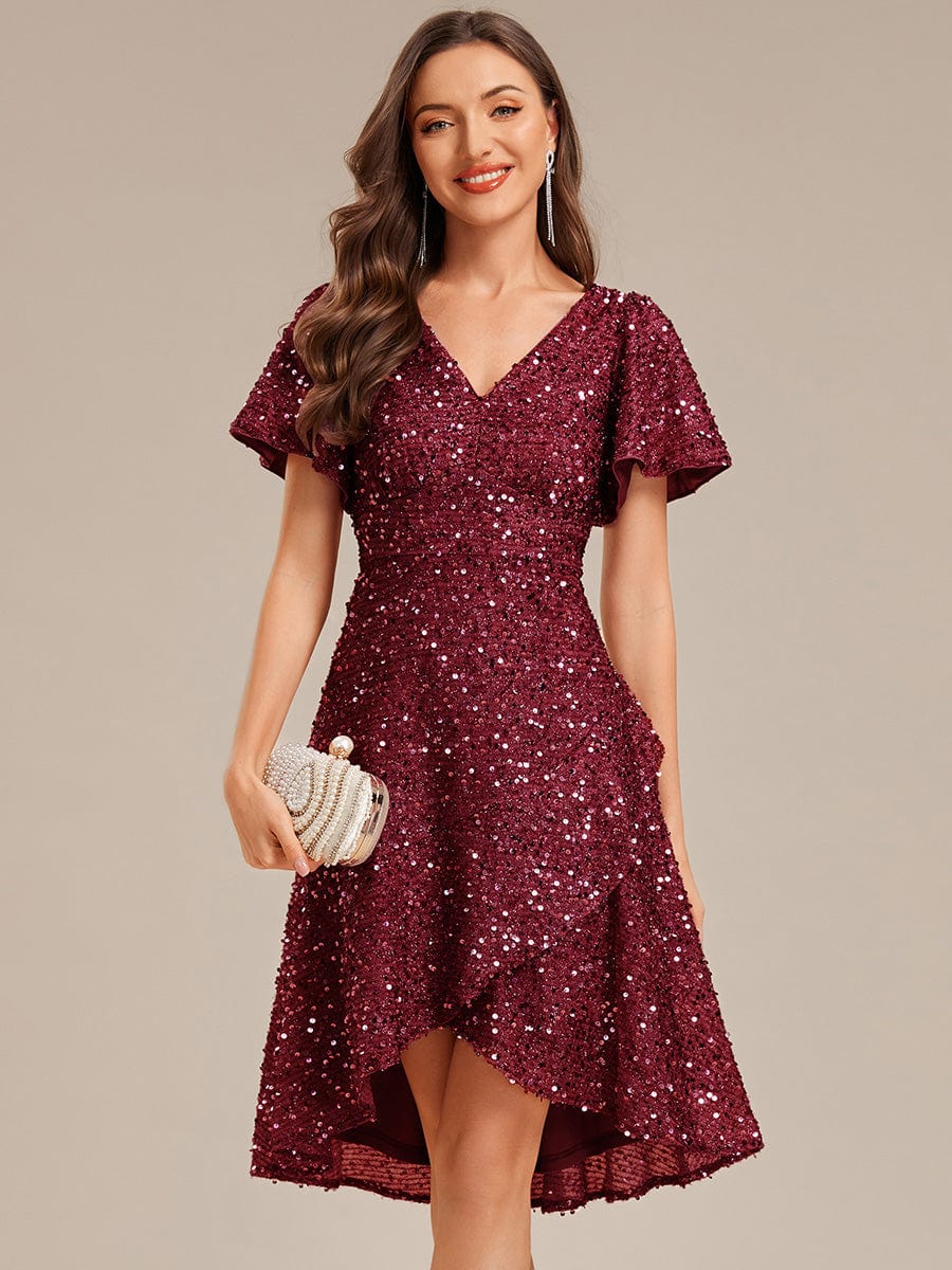 Deep V-neck Sequin Ruffle Sleeve Formal Dress #color_Burgundy