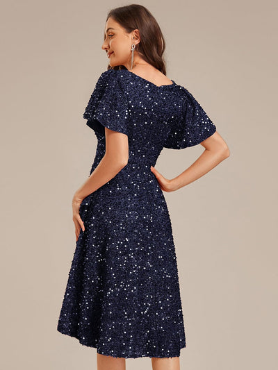 Deep V-neck Sequin Ruffle Sleeve Formal Dress #color_Navy Blue