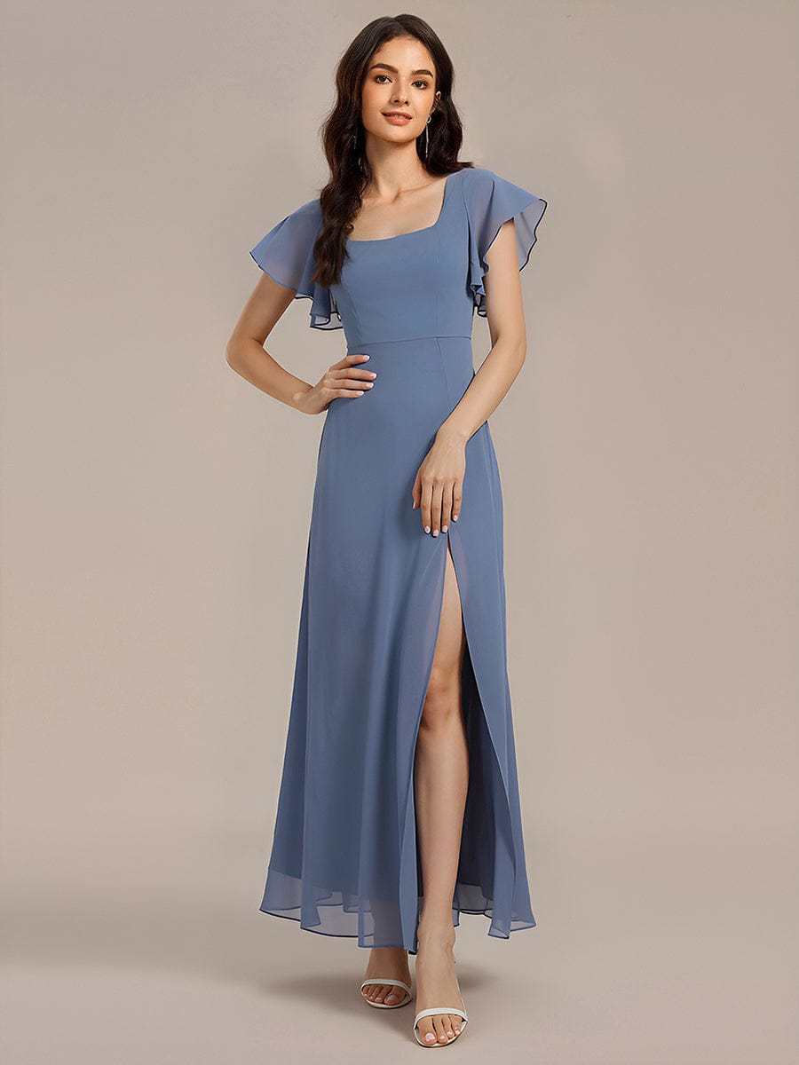 Floral Print Flutter Sleeve Side Split Maxi Formal Dresses #color_Dusty Blue