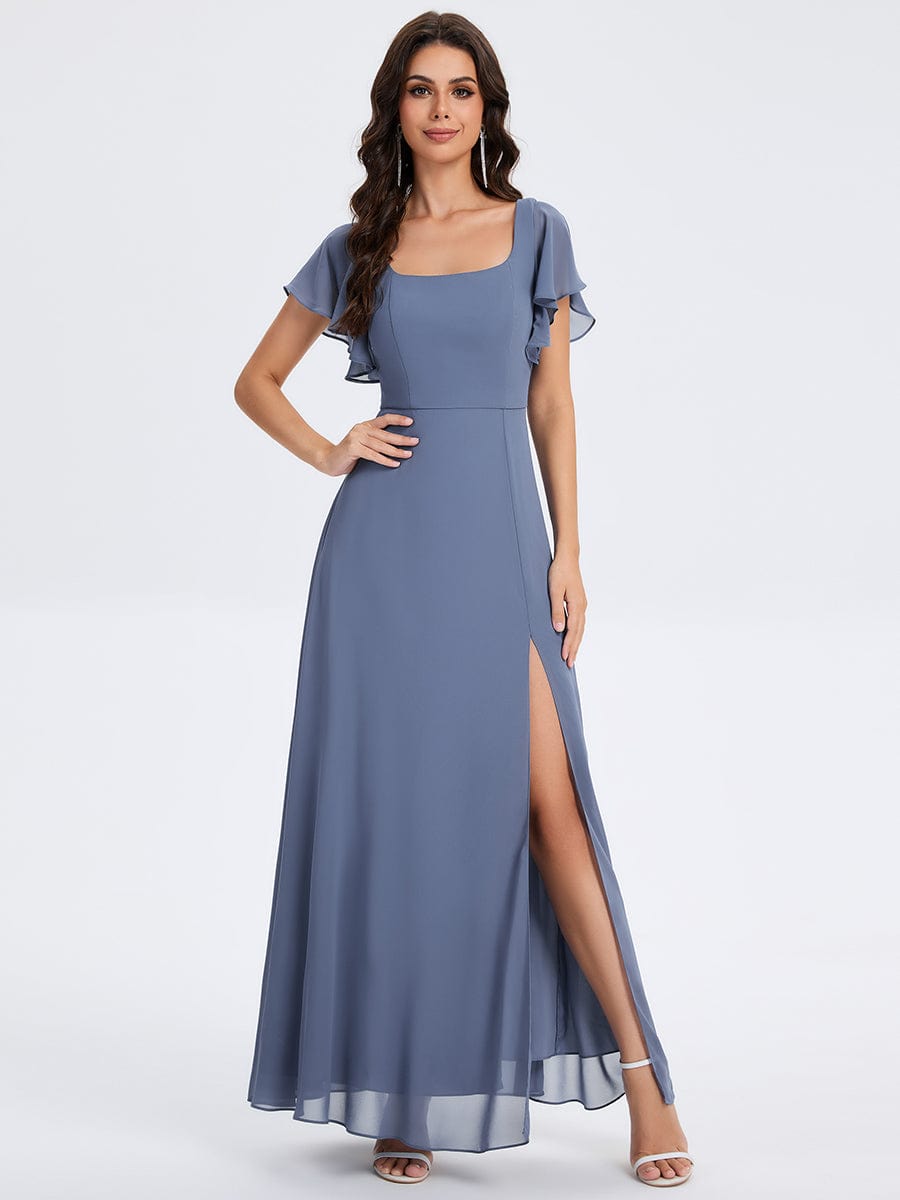 Floral Print Flutter Sleeve Side Split Maxi Formal Dresses #color_Dusty Blue
