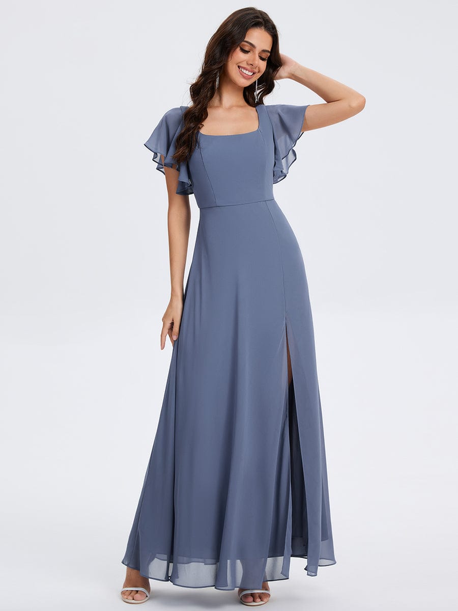Floral Print Flutter Sleeve Side Split Maxi Formal Dresses #color_Dusty Blue