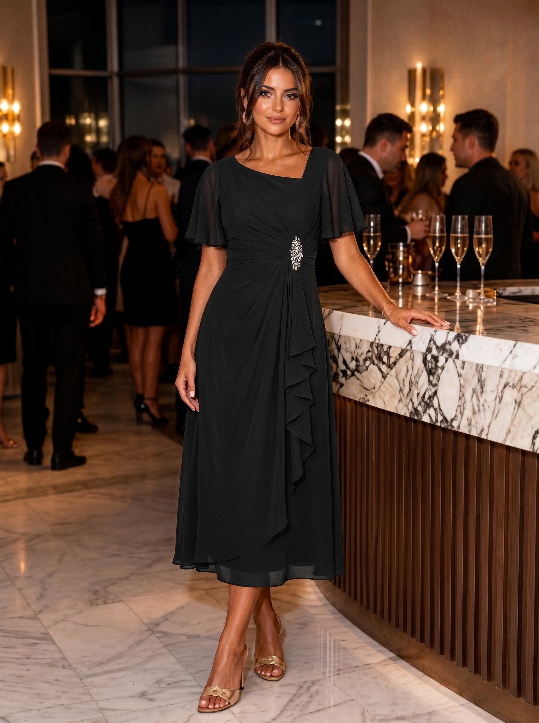 Pleated Chiffon Ruffle Sleeve Midi Dress #color_Black