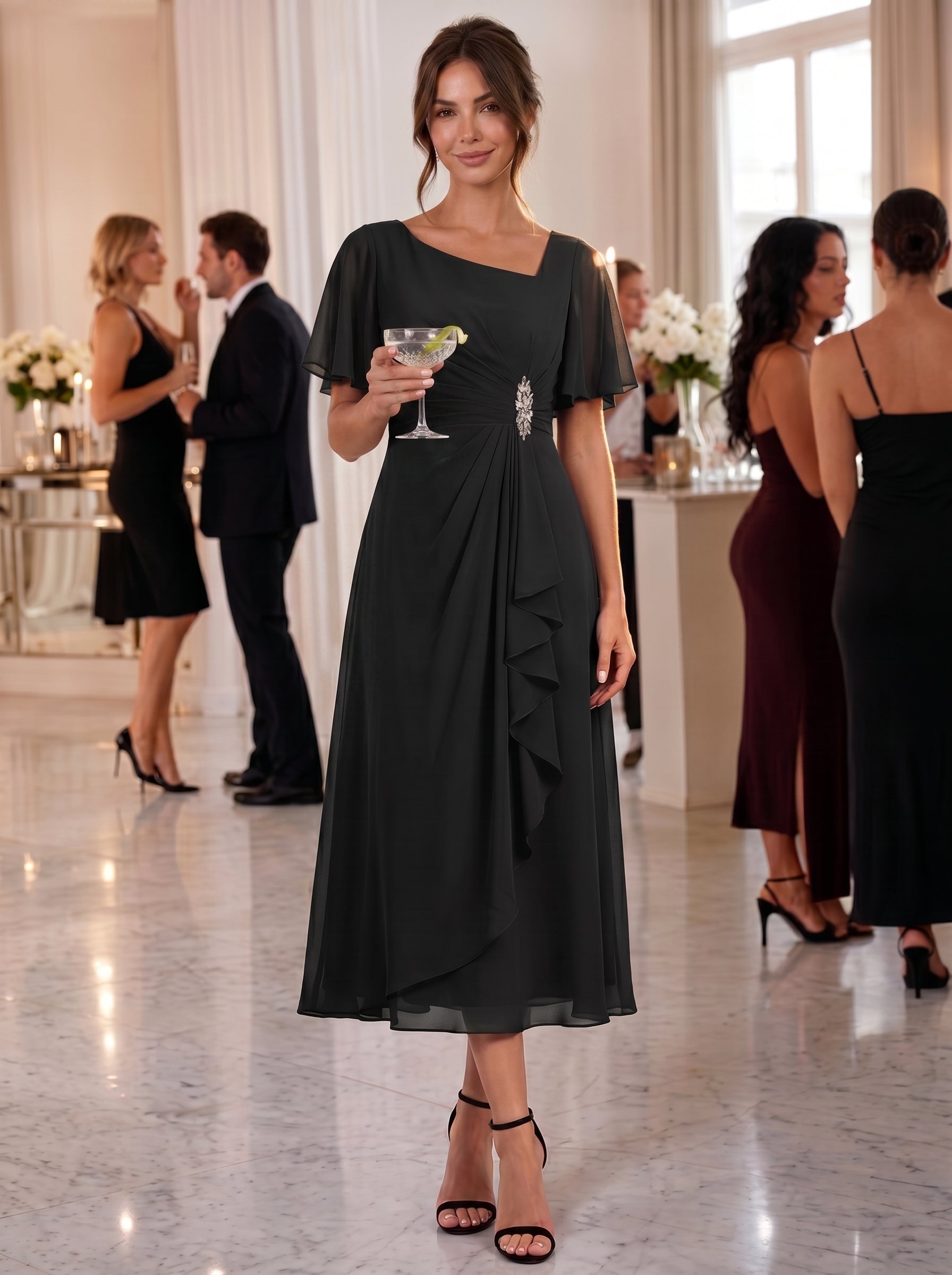 Pleated Chiffon Ruffle Sleeve Midi Dress #color_Black