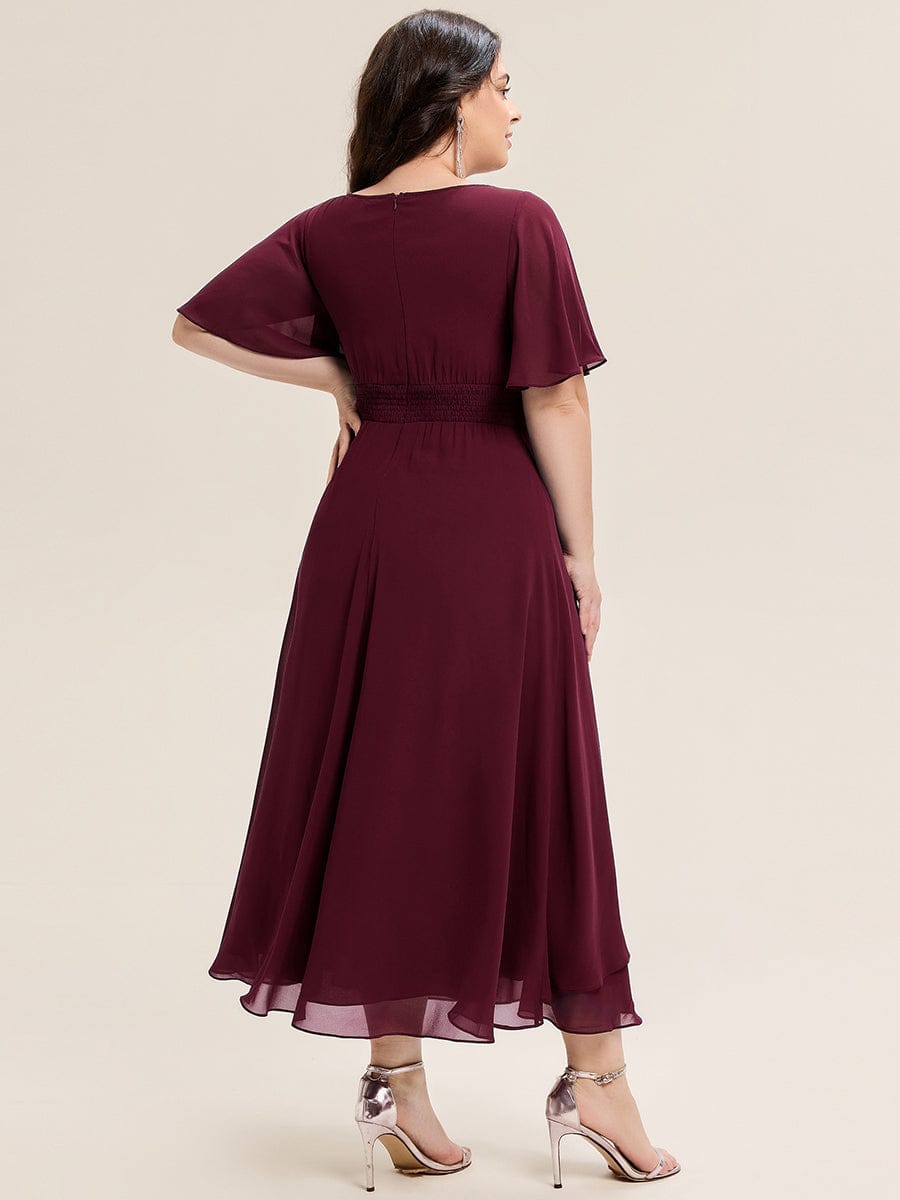Pleated Chiffon Ruffle Sleeve Midi Dress #color_Burgundy
