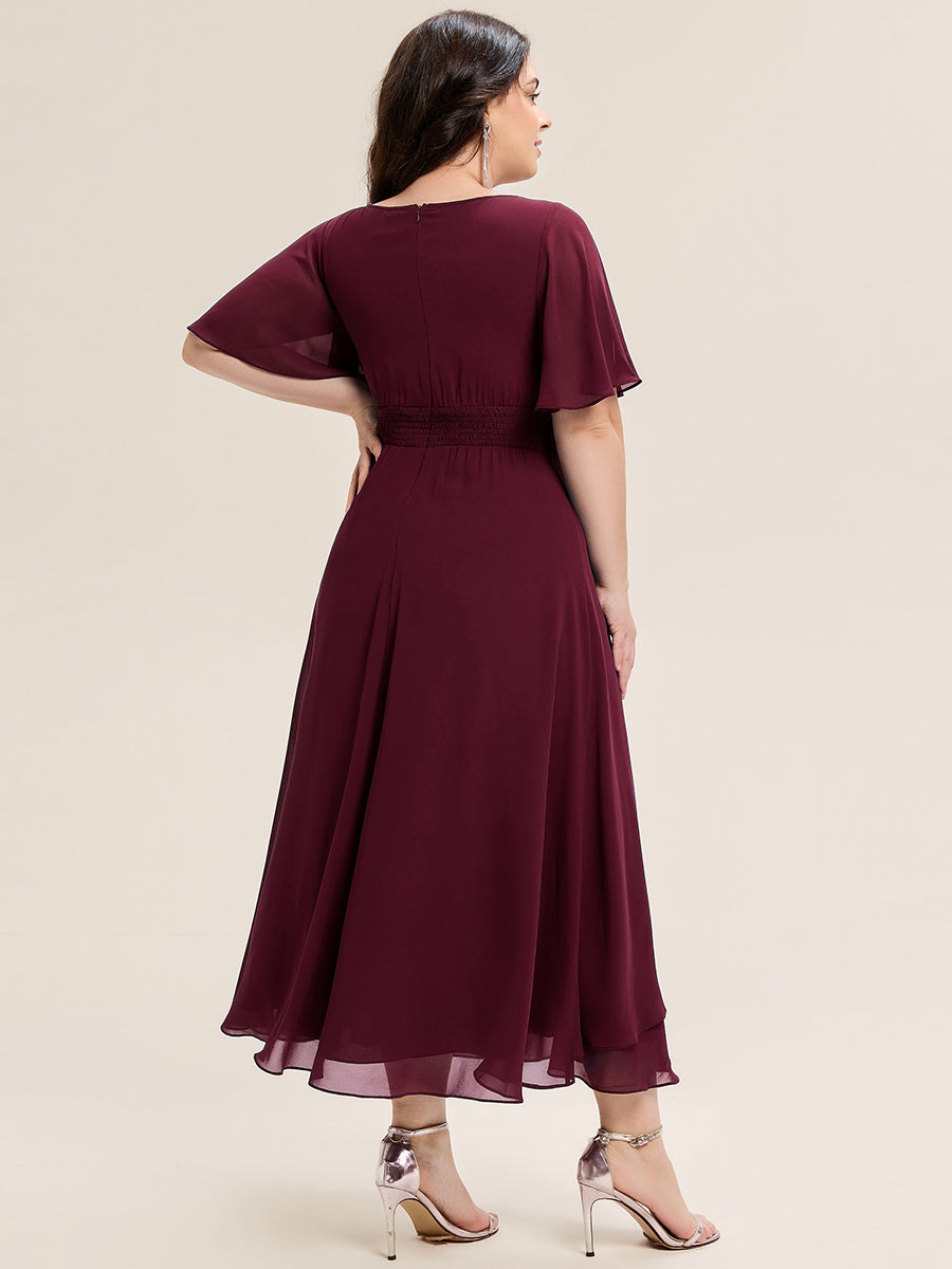 Plus Size Pleated Chiffon Ruffle Sleeve Midi Dress #color_Burgundy